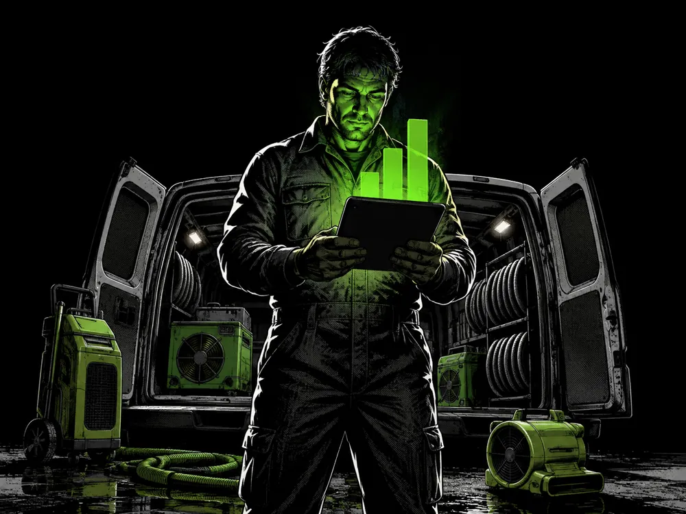 A restoration technician at the back of his loaded van reading his Blueprint score on a tablet.